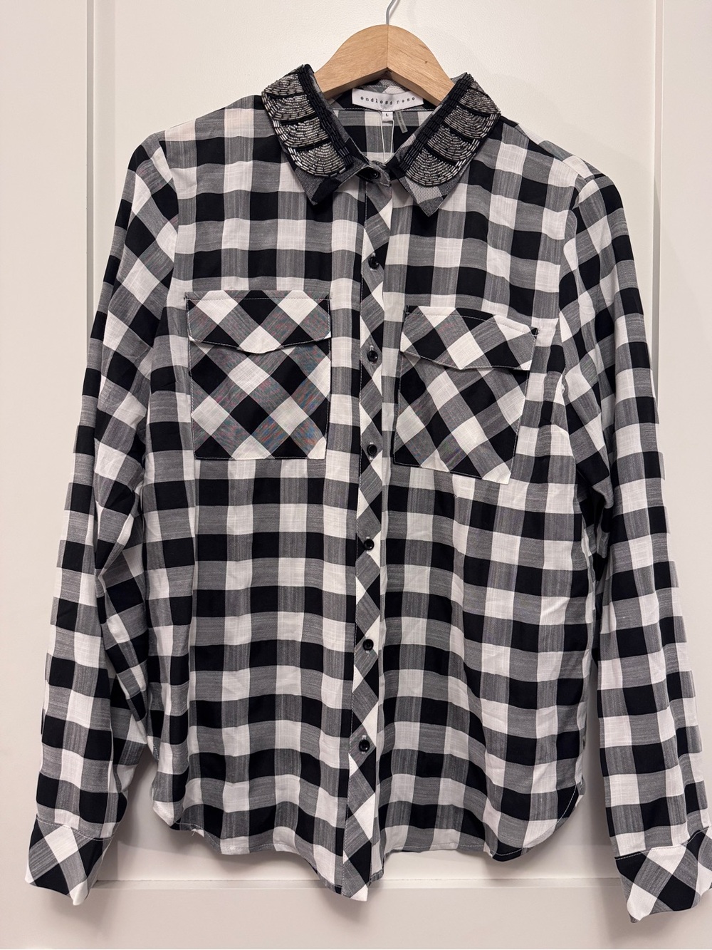 Endless Rose Black White Buffalo PlaidButton-Down Shirt Embellished Collar L NWT